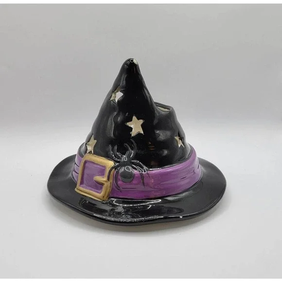 Yankee Candle Black Halloween Witch Hat Spiders Ceramic Candle Jar Topper Shade - Picture 2 of 11